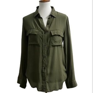 100% Silk Olive Green Flap Pocket Button Down Blouse M